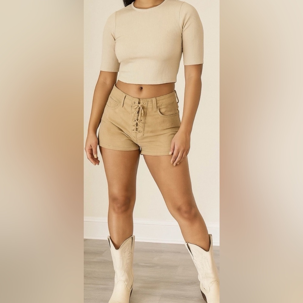 Reformation Beige Cropped Knit Top Short Sleeve Fitted Minimalist Sustainable XS